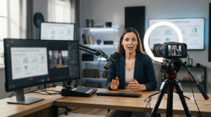 Na grafice przedstawiono profesjonalne stanowisko do prowadzenia transmisji na żywo (webinaru) w domowym lub biurowym studio