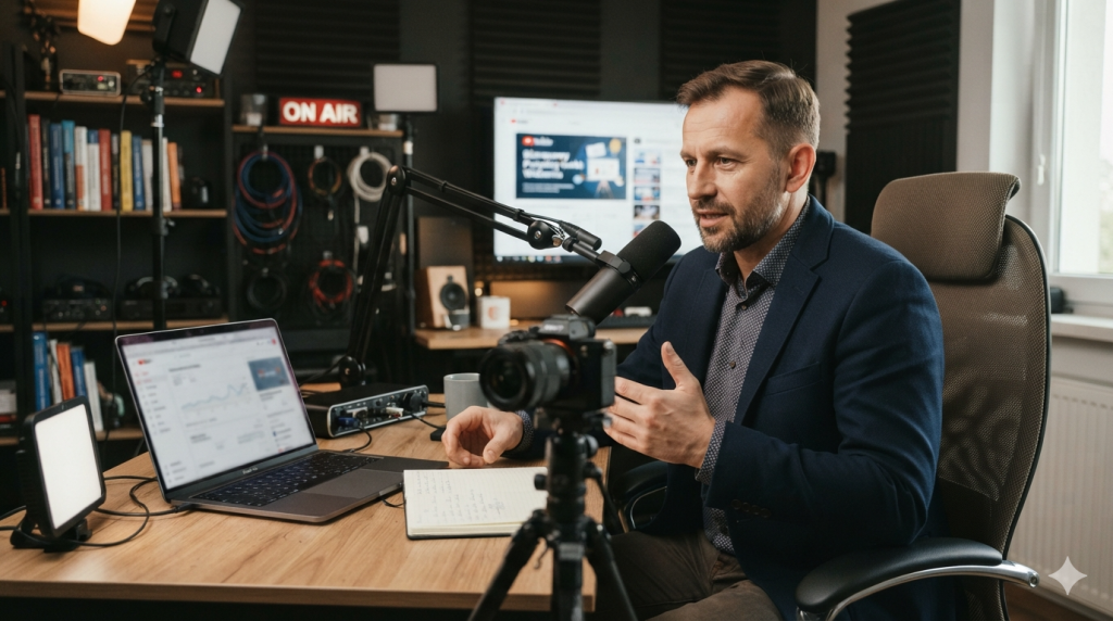 Na obrazie widać mężczyznę w średnim wieku, który nagrywa podcast lub materiał wideo w swoim domowym studiu